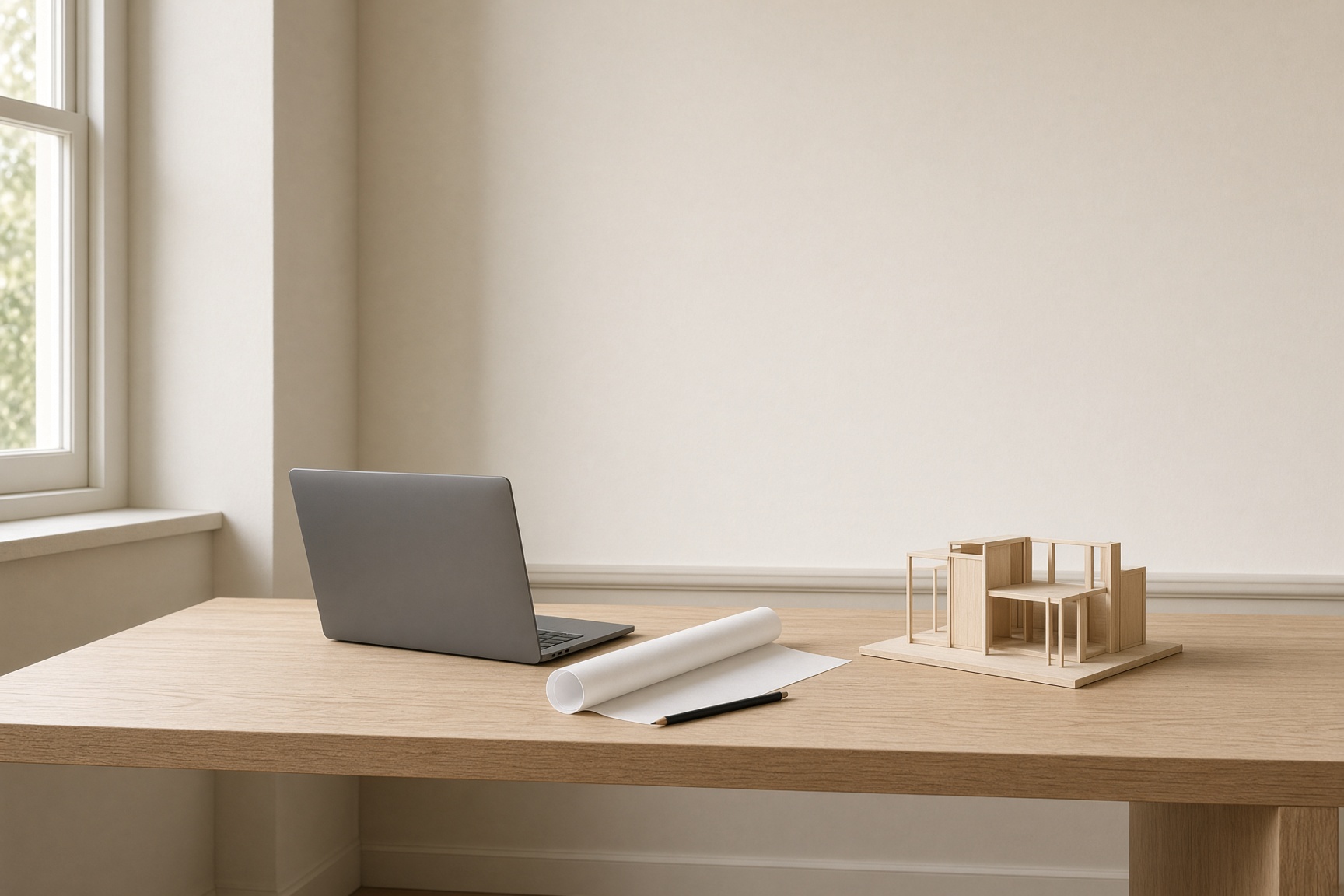 A quiet desk with tracing paper and a small chair study, for planning work.